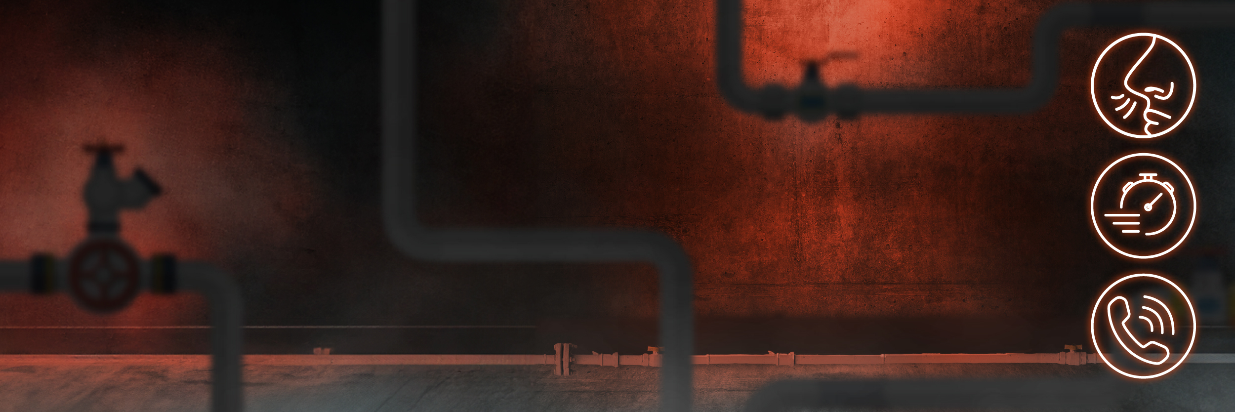 Orange banner with a white phone icon and flame symbol on the left. Large bold text reads ‘MAKE THE RIGHT CALL FIRST TIME.’ To the right, smaller text says ‘Reach the right service faster to get your gas problem solved.’